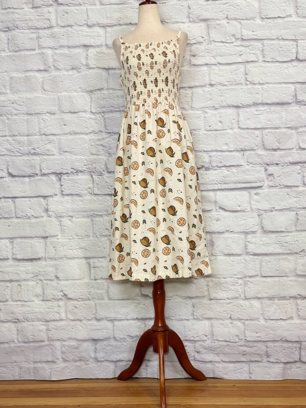 United By Blue Ivory Hemp Cotton Blend Orange Print Sundress